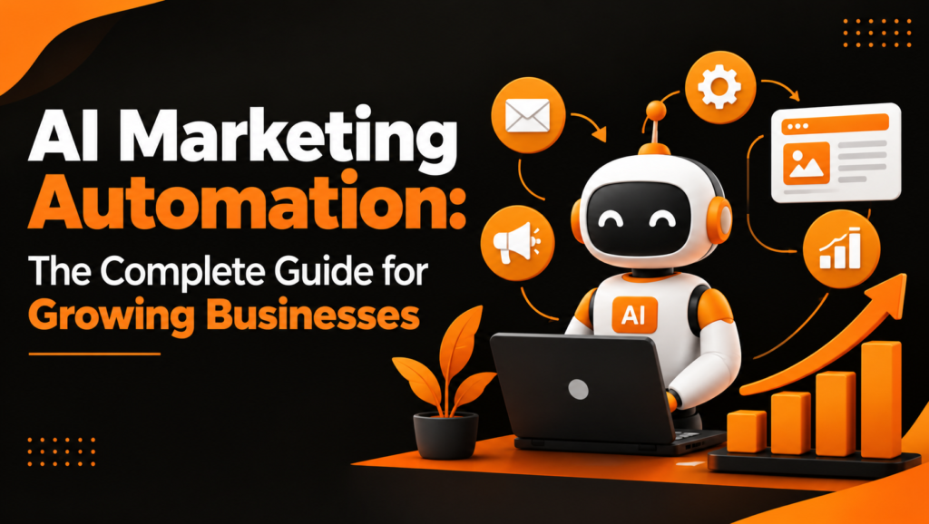 AI marketing automation infographic featuring an AI robot, marketing tools, workflow icons, and business growth charts in orange and black.