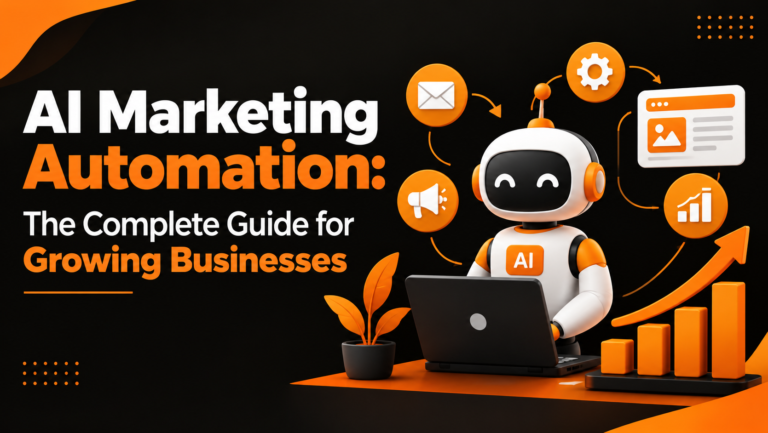 AI marketing automation infographic featuring an AI robot, marketing tools, workflow icons, and business growth charts in orange and black.
