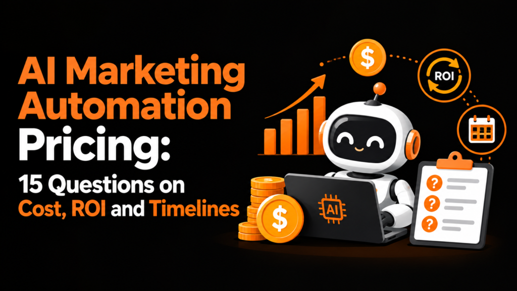 AI marketing automation pricing graphic featuring an AI robot, cost icons, ROI growth chart, calendar, and timeline checklist on a black background with orange and white accents.