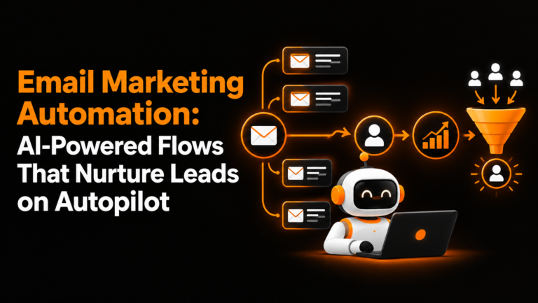Email marketing automation graphic featuring AI-powered email workflows, automated lead nurturing, customer conversion funnel, growth analytics, and an AI robot using a laptop on a black background with orange and white elements.