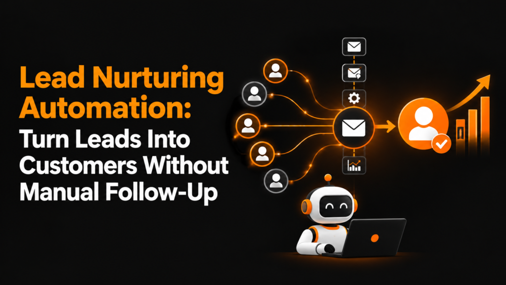 Lead nurturing automation graphic showing AI-powered email workflows, automated follow-ups, customer conversion, and growth analytics on a black background with orange and white elements.