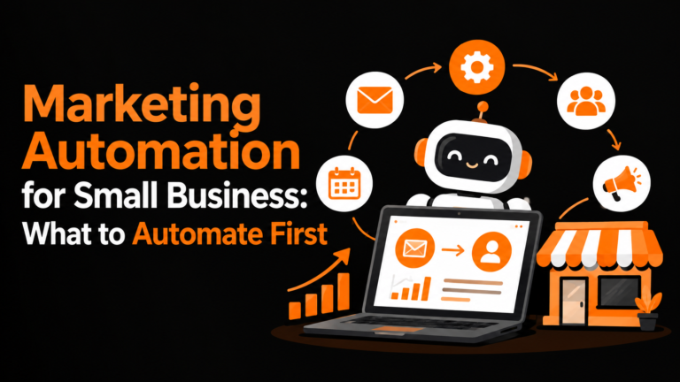 Marketing automation for small businesses featuring automated workflows, email marketing, customer management, and business growth icons.