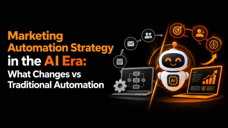 AI marketing automation infographic comparing traditional workflows with AI-powered analytics.
