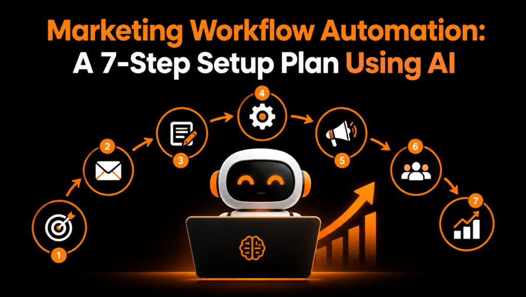 AI-powered marketing workflow automation graphic with a robot, seven connected process icons, and orange growth chart on a black background.
